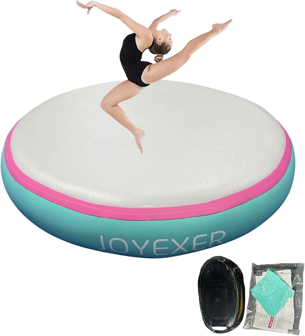 Inflatable Air Spot Mat 3.3FT Gymnastics Tumbling Mat 8Inch Thick Tumble Track Round Springboard Waterproof with Air Pump for Home Use/Yoga/Gym/Training/Cheerleading/Water (Pink)