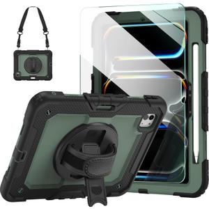 Ambison for iPad Pro 11 Inch Case 2024(M4, 5th Generation),with 9H Tempered Glass Screen Protector,Full-Body Heavy Duty Shockproof Protective Cover with 360 Rotate Strap Stand,Pencil Holder-Green