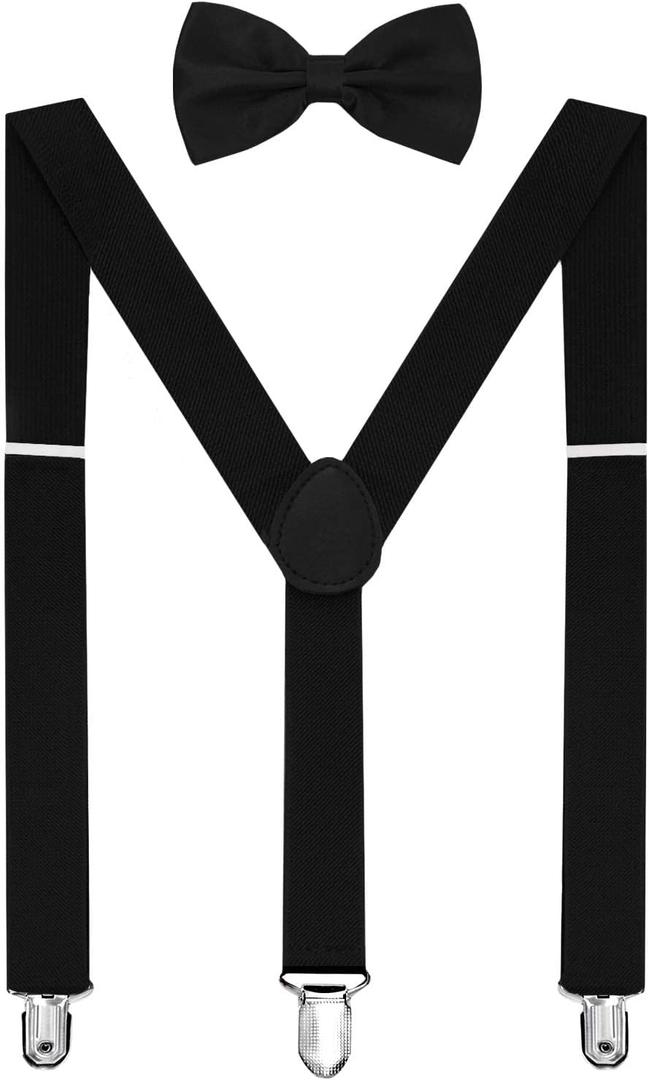 habibee Suspenders and Bow Tie Set for Men, Adjustable Elastic Braces with Y-Back, Diverse Colors, Strong Clips (Black)