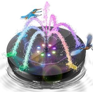 3.5W Solar Fountain,Upgraded 100% Glass Panel Solar Bird Bath Fountain with 2000mAh Battery,7 Color RGB LED Lights & 6 Nozzles,Solar Fountain for Bird Bath,Garden, Pond, Pool, Outdoor Decor(Black)