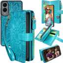 Harryshell Detachable Wallet Leather Case Compatible with Samsung Galaxy S25 Edge Magnetic Phone Case Zipper with Cash Coin Pocket Multi Card Slots Holder Wrist Strap (Flower Blue Green)