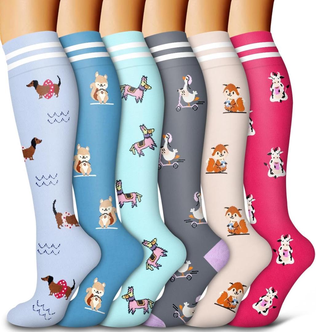 6 Pack Copper Compression Socks for Women and Men Circulation-Best Support for Medical, Running, Nursing, Athletic, Assorted Animal (Small-Medium)
