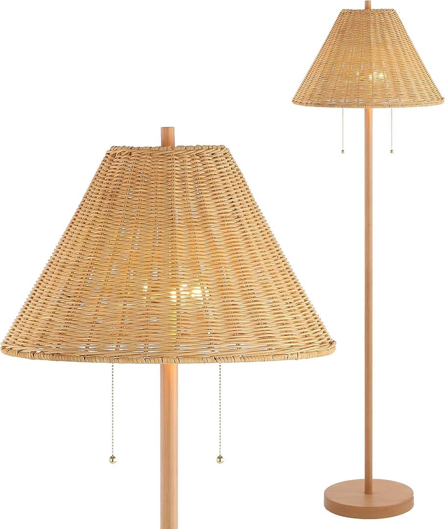 JONATHAN Y JYL3092A Nando 61" 2-Light Coastal Bohemian Iron/Rattan LED Floor Lamp with Pull-Chain Mid-Century, Modern Standing Reading Lamp LED Bulb Included, Brown Wood Finish