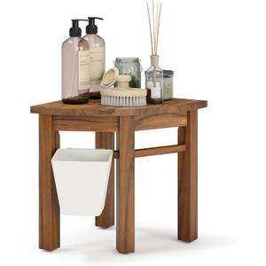 Small Teak Shower Stool for Shaving Legs, Corner Shower Stools for Inside Shower, Bathroom Foot Rest with Storage Basket for Small Shower Spaces