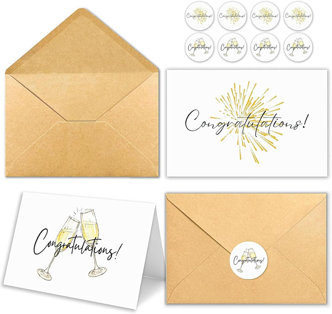 Congratulations Cards with Envelopes, Bulk Pack of 50 and Matching Stickers, Cheers and Fireworks Pattern Minimalistic Design for Graduation, Wedding, Business and Milestone Celebrations