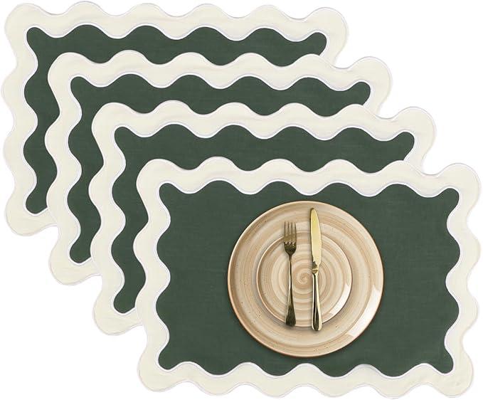 Set of 4 Cotton Linen Placemats, 13''x 19'' Wavy Embroidery Scalloped Placemats Washable Rustic Dinner Waterproof Table Mats (emerald Green)