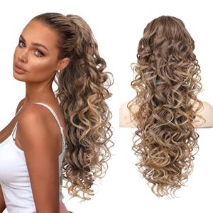 SEIKEA Ponytail Extension, 24" Fluffy Long Wavy Curly Claw Clip Hair Extensions Ponytail Multi-layered Clip in Fake Pony Tails Natural Soft Synthetic Hairpiece Brown to Blonde