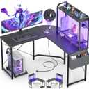 Besiost Small L Shaped Gaming Desk with Power Outlets, Corner Gaming Desk with LED Light, Reversible L-Shaped Desks with Monitor Stand & Hutch, L Shape Desks with Storage Bag, Black