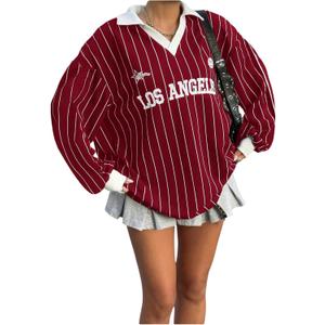 SOLY HUX Women's Oversized Tees Striped Letter Print Y2k Jersey T Shirt Collar V Neck Long Sleeve Loose Tops (3X-Large)