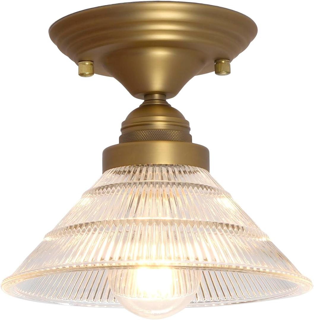 Industrial Semi Flush Mount Ceiling Lamp with Clear Ribbed Glass Lampshade, Vintage Close to Ceiling Light Fixtures for Hallway Entryway Bedroom Stairwell (Antique)