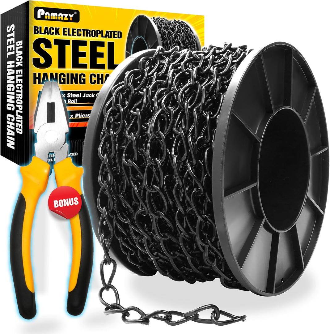 [Upgraded] 50FT Black Electroplated Steel Hanging Chain Roll, Pliers Included, 20LBS Load Capacity, Durable, Rust-Resistant, Adjustable Length for Hanging Bird Feeders, Planters, Lanterns, Billboards