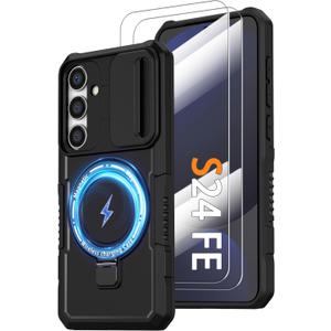 for Samsung Galaxy S24 FE Magnetic Case with Screen Protector, Compatible with MagSafe Wireless Charging, Military Grade Case with Camera Cover & Ring Stand, Shockproof Protection Cover, Black
