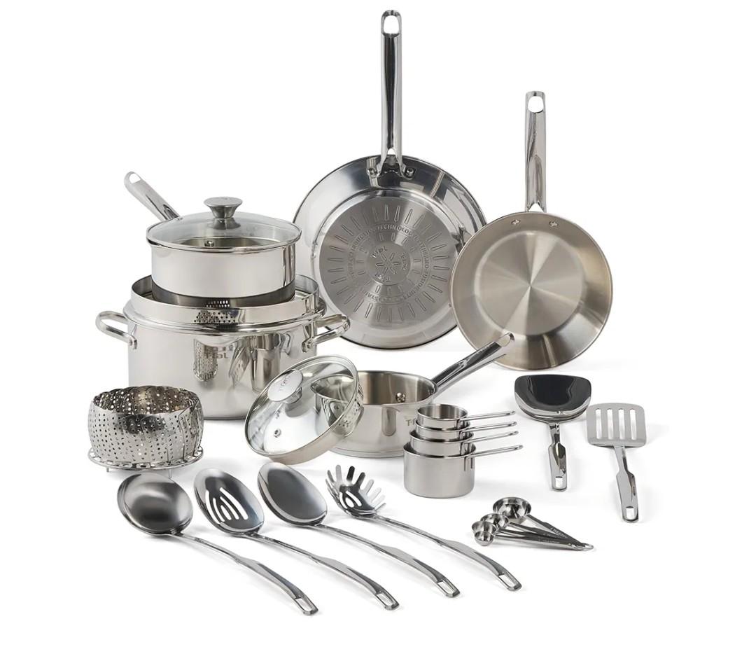 T-fal Gourmet Stainless Steel Cookware Set: 20-Piece Kitchen Essentials, Induction Compatible, Dishwasher Safe, Oven Safe to 500F, Durable Pots and Pans with Steamer for Versatile Cooking