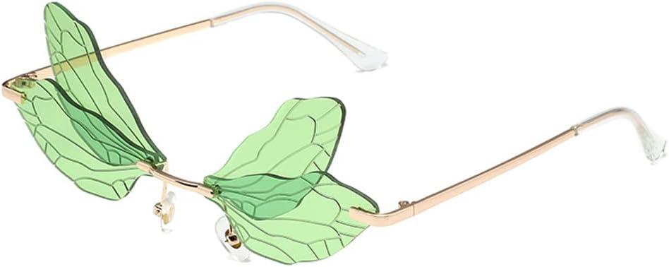 Dragonfly Rimless Sunglasses Wing Shaped Butterfly Fairy Shades Glasses Fashion Party Sunglasses for Women Men (Green)