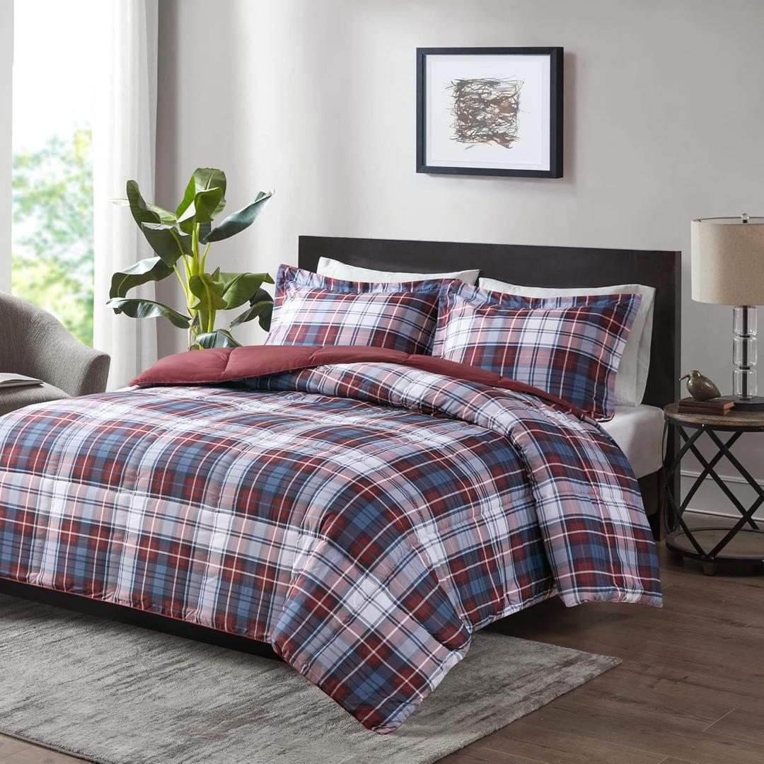 Madison Park Essentials Parkston Plaid Comforter Set Soft Brushed Microfiber College Bedding, 3M Scotchguard Stain Release Cover, Modern All Season Cabin Bedding, Twin/ Twin XL, Red, 2 Piece
