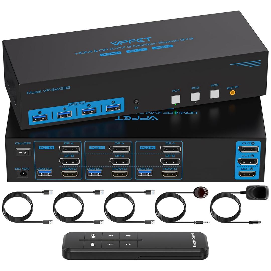 4K144Hz HDMI + 2 Displayport KVM Switch 3 Monitors 3 Computers 8K USB 3.0 KVM Switches Triple Monitor for 3 Computer Share 3 Screens and 4 USB 3.0 Ports Support Extended/Copy Mode (Deep Blue)