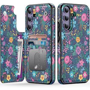 Goodon for Samsung Galaxy S25 Case Wallet - Flip Folio Leather Cover with Trendy Floral Design, 3 Card Slots & Kickstand Function, Protective Phone Case for Women and Girls - Cute Blooming Flowers