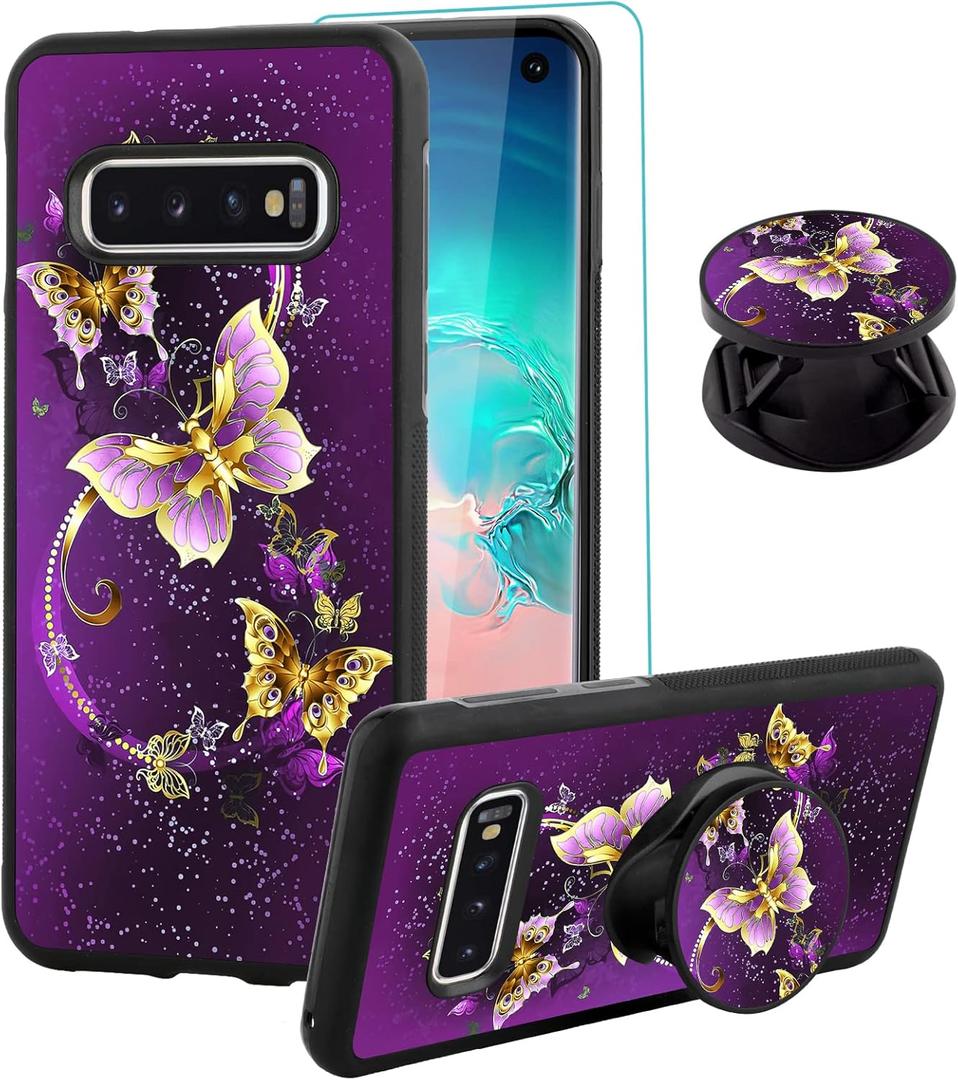 SAKUULO for Samsung Galaxy S10 Case, [Screen Protector + Kickstand] Purple Butterfly Design,Tire Texture Anti-Slip Shockproof Thin Protective Case for Samsung Galaxy S10 6.1 Inch (2019)