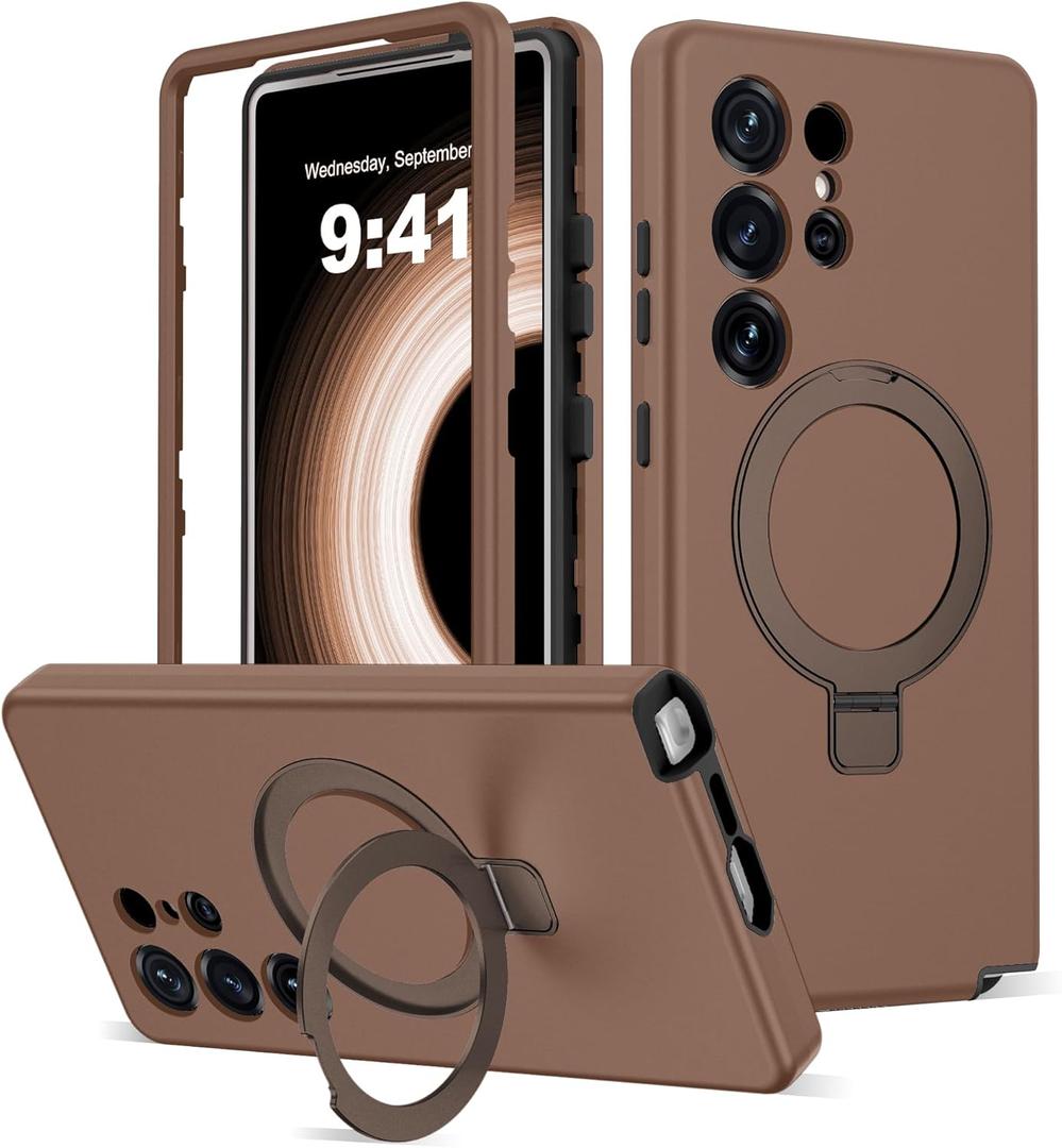 Designed for Samsung Galaxy S25 Ultra Case with Magnetic Ring Stand [Compatible with Mag-Safe][Military Grade Drop Protection][Build in Kickstand] S25 Ultra Phone Case 6.9",Brown