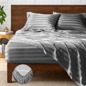 BEDELITE Satin Sheets King Size, Luxury Jacquard Striped Dark Grey Bedsheets with Elastic Corner Straps, Similar to Silk Sheets Set 4 PC with 1 Deep Pocket Fitted Sheet, 1 Flat Sheet, & 2 Pillowcases
