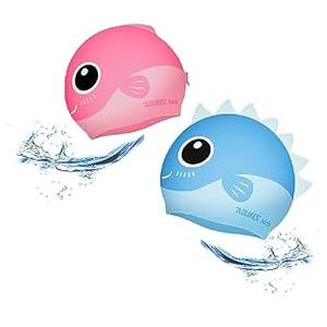 Kids Swim Cap Animal Head Silicone Swimming Fun Cartoon Blue Shark Pink Fish waterproo for Long and Short Hair Boys and Girls (Pink 20.5cm)