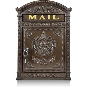 Vintage Lockable Mailbox, Heavy Duty Cast Aluminum Wall Mount Mailbox, Weatherproof Decorative Mail Box for Outside, Bronze Finish, Large Capacity