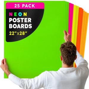 Hygloss Large Poster Board 22x28 - 25 Assorted Neon Color Poster Boards Bulk Pack - 10 Pt. Thickness Colored Poster Board Paper for Projects, Signs, Displays, Crafts - Posterboard Multipack 22" x 28"