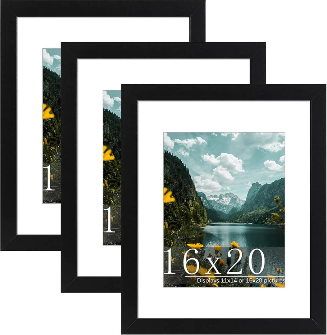 Picrit 16x20 Picture Frame 3 Pack, Black Poster Frame, Display Poster 11 x 14 with Mat or 16 x 20 without Mat for Horizontal or Vertical Wall Mounting