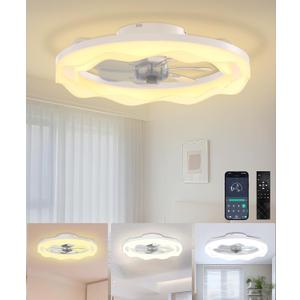 Ceiling Fans with Lights and Remote, 20'' Low Profile Ceiling Fan, 3000K-6500K Dimmable LED Fan Light APP Control, 6 Wind Speeds White Modern Fandelier Flush Mount Ceiling Fans for Bedroom Kids Room