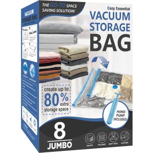 8 Jumbo Vacuum Storage Bags, Space Saver Bags Compression Storage Bags for Comforters and Blankets, Vacuum Sealer Bags for Clothes Storage, Hand Pump Included