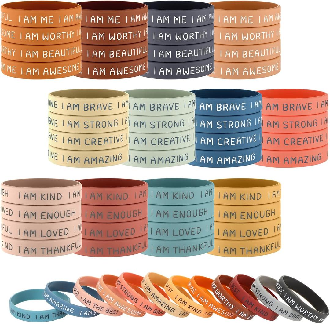 48 Pcs Inspirational Silicone Wristbands for Students Motivational Quotes Rubber Bracelets Stretch Unisex Wrist Bands for Kids Party Girls Boys Graduation Gifts School Prizes, 2.2 In (Bright Color)