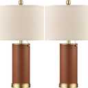KDG 23.4" Brown PU Leather Table Lamps for Living Room Set of 2, 3 Level Brightness LED Modern Home Decor Fabric Lampshade Desk Lamp Lighitng for Bedroom, Bedside, Farmhouse, Nightstand, Night Light