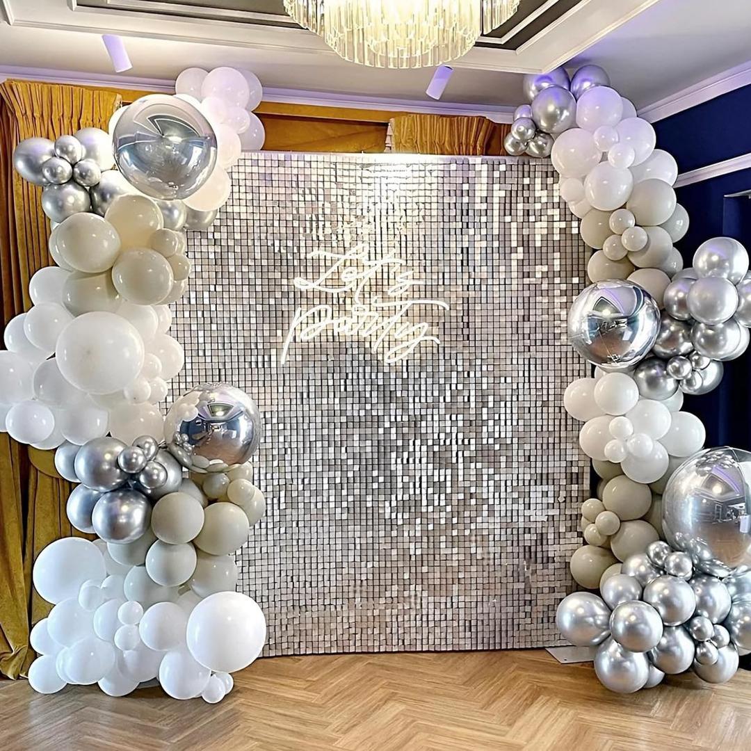 Sugoiti 24Pcs Silver Shimmer Wall, 12 * 12 inch Panels Backdrop Decoration Shiny Sequins Photo Background for Balloon Garland Arch Kit Birthday Wedding Engagement Baby Shower Party Supplies
