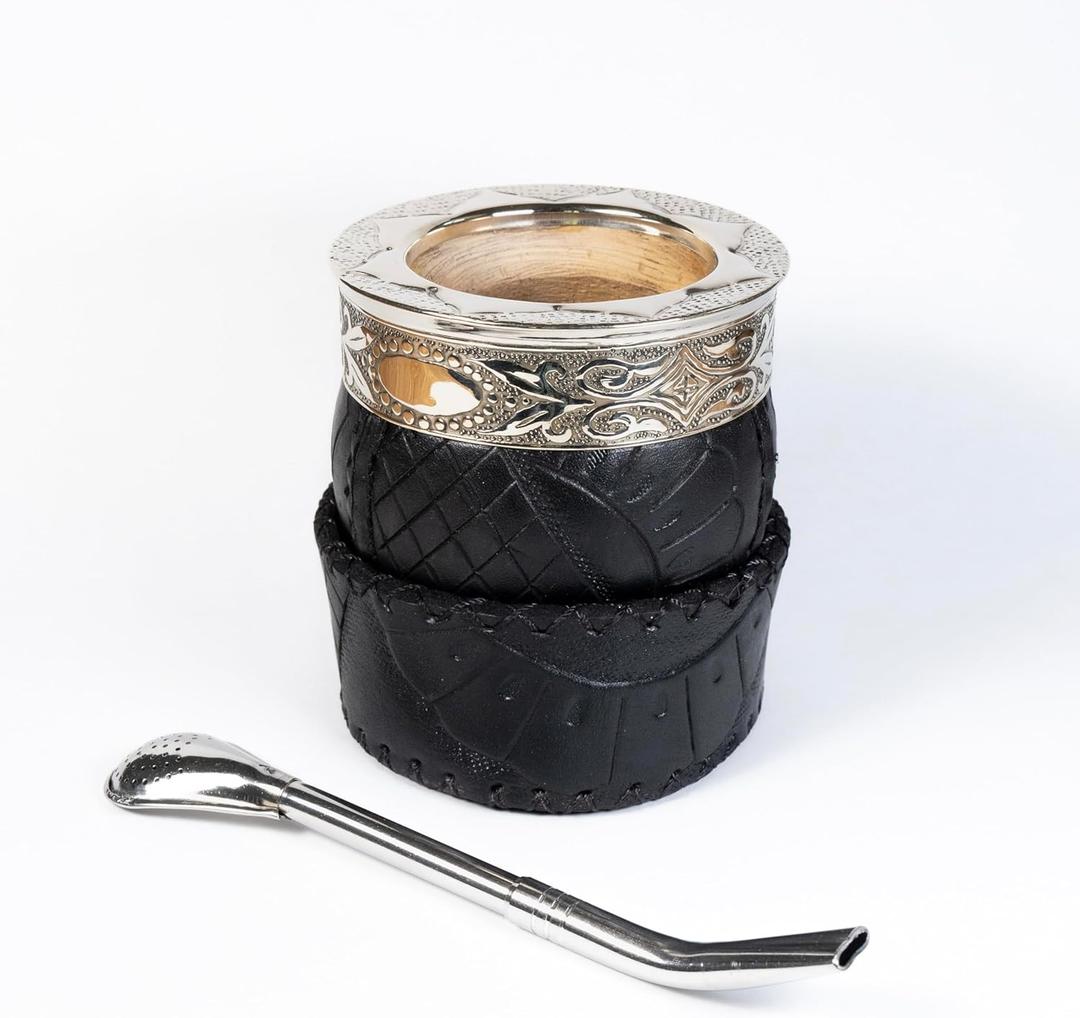 Generic Yerba Mate Gourd with Stainless Steel Bombilla - Handmade Mate Gourd, Mate Drinking Cup, Pumpkin Mate Gourd, Yerba Mate Set, Argentina, Leather Base, Large, Black