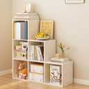 Ladder Cube Storage Bookcase - Wooden L-Shaped 3-Tier Corner Shelf, Reversible 6-Cube Organizer for Home & Office, White
