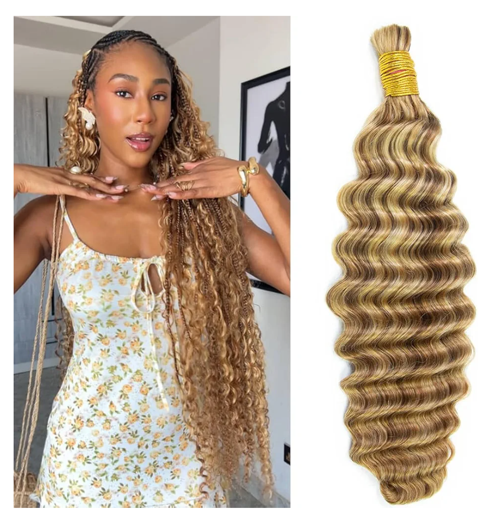 YWIGS #27/30/613 Boho Human Hair for Braiding 100G No Weft Human Hair Bundles for Boho Braids Deep Wave Boho Braiding Hair 18inch
