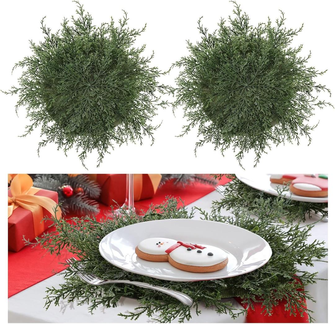 6 Pcs Christmas Pine Placemats 17 Inch Artificial Greenery Placemats Round Cedar Branch Place Mat Dining Table Mats for Xmas Party Decorations Holiday