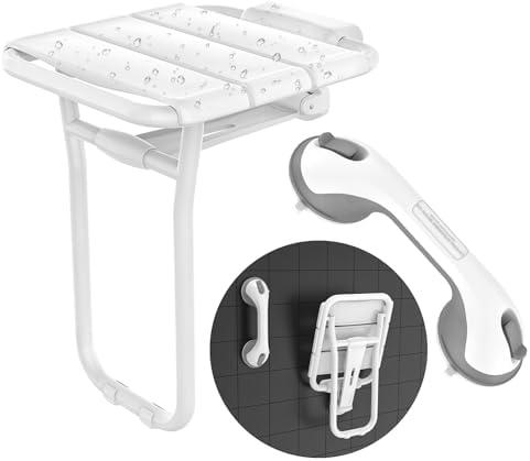 Upgraded Folding Shower Chair & Bench, Wall Mounted Heavy Duty Shower Seat w/ Legs & Assist Suction Grab Bar - 500lbs Capacity for Elderly, Adults & Pregnant Users