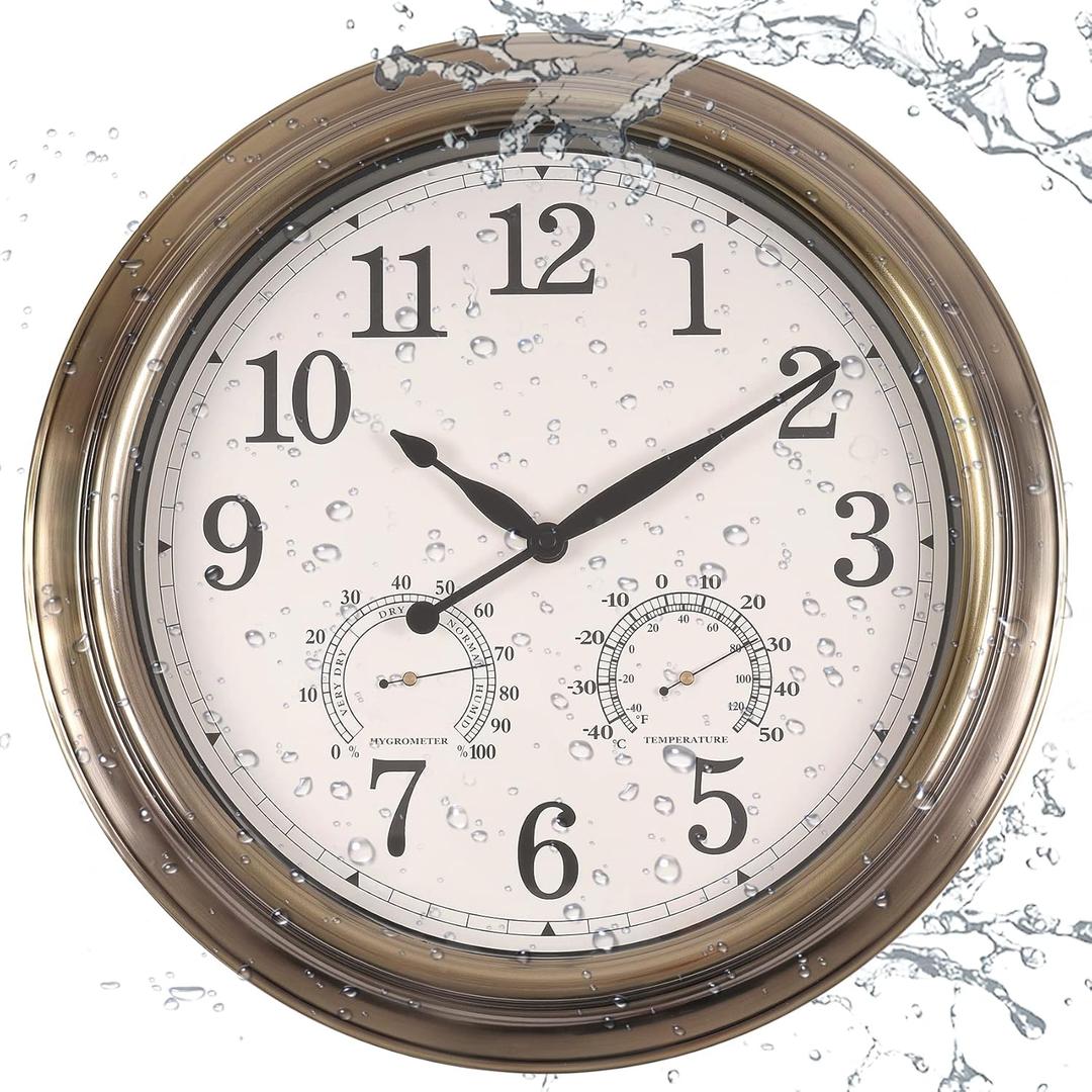 16 Inch Outdoor Clock Thermometer Combo, Bronze Metal-Frame Outdoor Clocks Waterproof, Silent Outdoor Wall Clock for Patio Pool