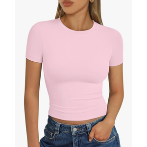 Trendy Queen Womens Basic T Shirts Summer Tops 2025 Short Sleeve Crop Tops Slim Fit Gym Workout Y2k Clothes, SIZE S