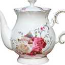 European Style Ceramic Flower Teapot Coffee Pot Water Pot Porcelain Gift Large 5.5 Cups (1, Rose)