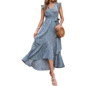 BTFBM Summer Floral Maxi Dress for Women 2025 Vacation Ruffle Sleeve V Neck Belt Wrap Spring Beach Wedding Guest Dresses (Small)