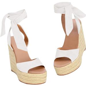 Womens Platform Espadrille Wedges Open Toe High Heel Sandals with Ankle Strap Buckle Up Shoes (7.5, White)