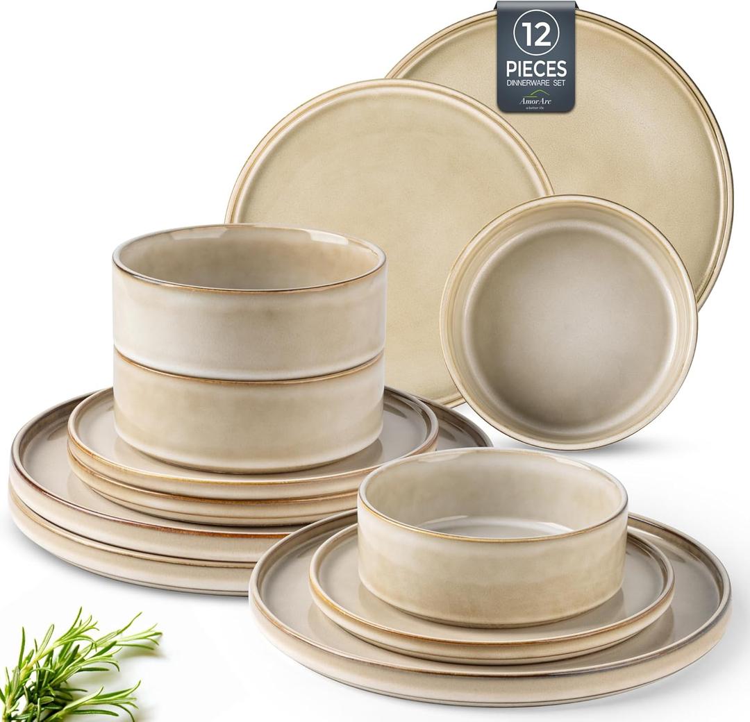 AmorArc Ceramic Dinnerware Sets, Handmade Reactive Glaze Stoneware Plates and Bowls Sets,Highly Chip and Crack Resistant | Dishwasher & Microwave Safe Dishes Set, Service for 4 (9 Pc) (Cappuccino)