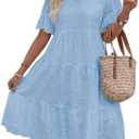 chouyatou Women's Lace Eyelet Short Sleeve Tiered Midi Long Dress Ruffle Hem Babydoll Short Dress XS