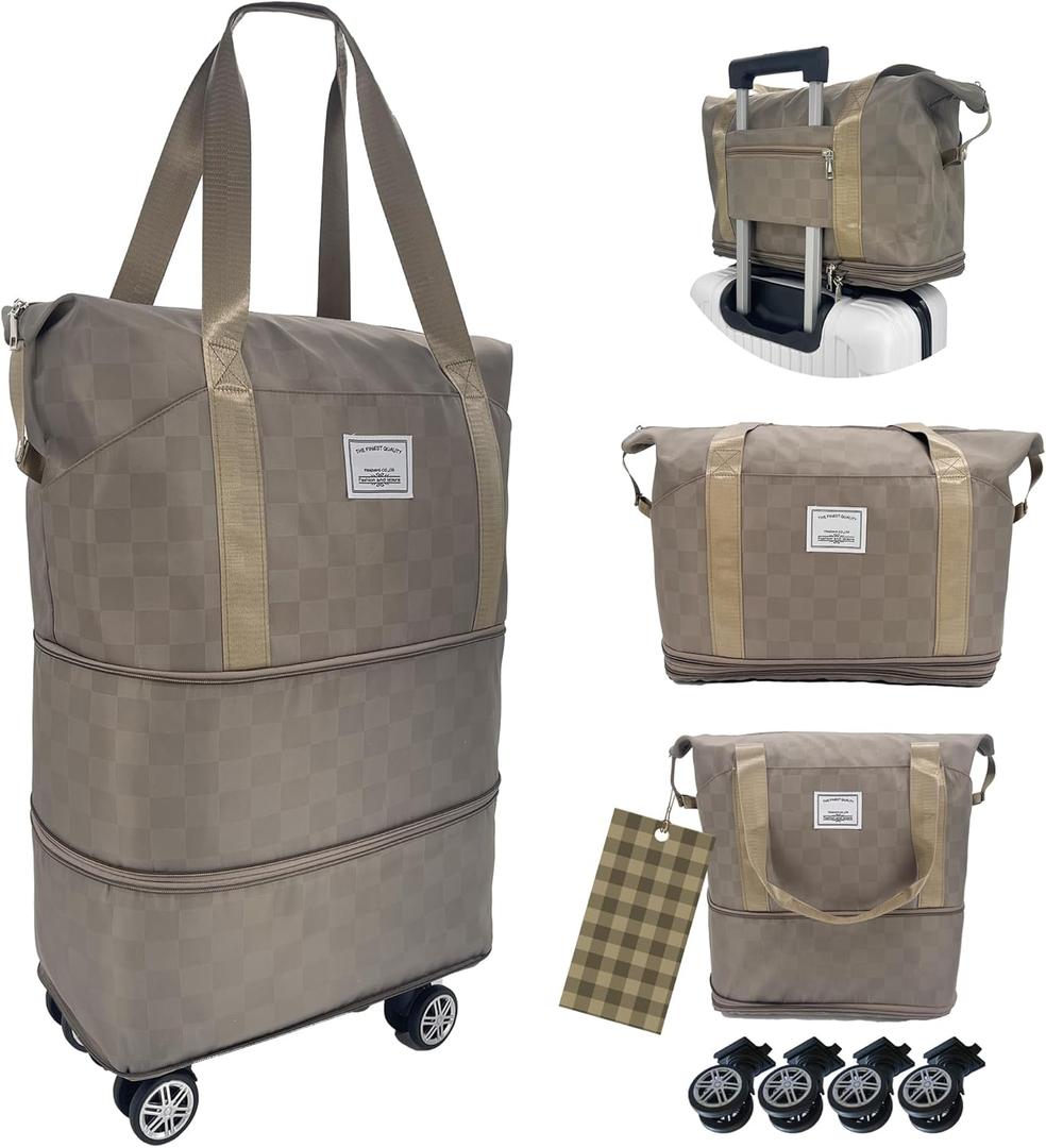 Expandable foldable duffel bag suitcase, detachable rolling wheels,carry-on large duffel bag,luggage bag,suit gym,camping,travel or business trip,Gift for wife and parents-Checkerboard(KHAKI)