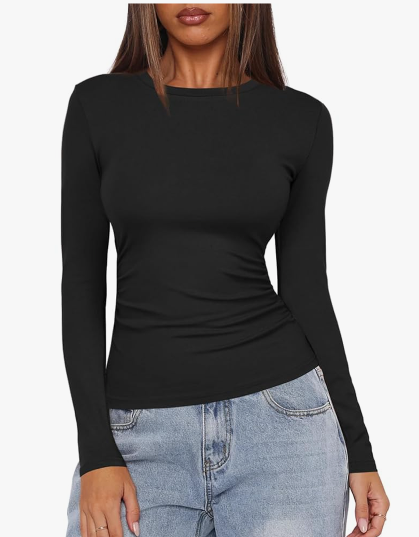 Darong Women's Long Sleeve Crew Neck Shirts Fall Basic Casual Ruched Side Slim Fit T Shirts Tee Tops, Black, M