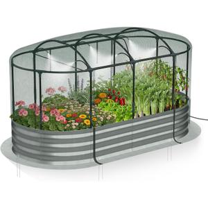 Lineware Raised Garden Bed with Self-Watering System, 6x3x1 ft Elevated Planter Boxes Outdoor with Mesh Cover, Oval Galvanized Raised Beds for Gardening,Vegetables,Flowers, Backyard, Patio
