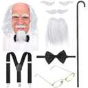 WILLBOND 8 Pieces Old Man Costume Grandpa Costume, Wig Walking Cane Glasses Faux Eyebrows Artificial Mustache Suspenders Bow Tie(Silver White)