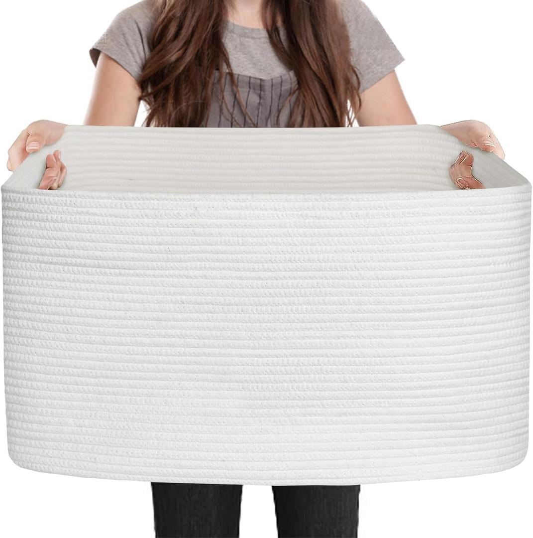 Extra Large White Storage Basket, 23.6" x 17" x 12" Rectangle Blanket Storage for Living Room, White Woven Cotton Rope Basket, Big Kids Toy Box Bin, XXXL Wicker Laundry Baskets for Organizing